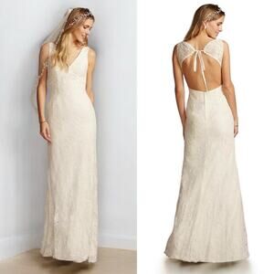 Galina David's Bridal Ivory Floral Lace Empire Waist Maxi Wedding Dress Size 6